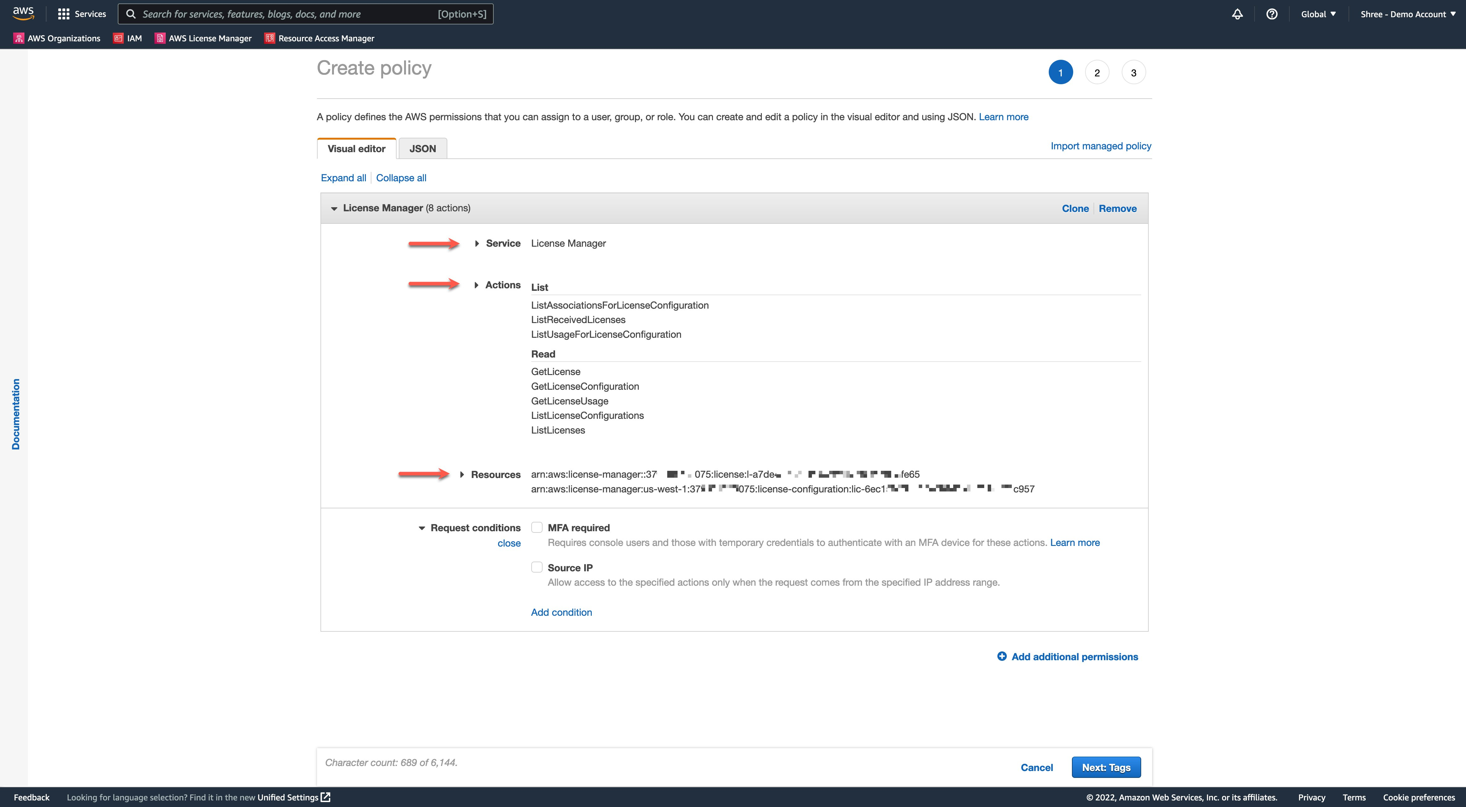 Figure 3: Console screenshot showing the create policy screen in the delegated administrator account allowing sufficient permissions only for a specific license and license configuration