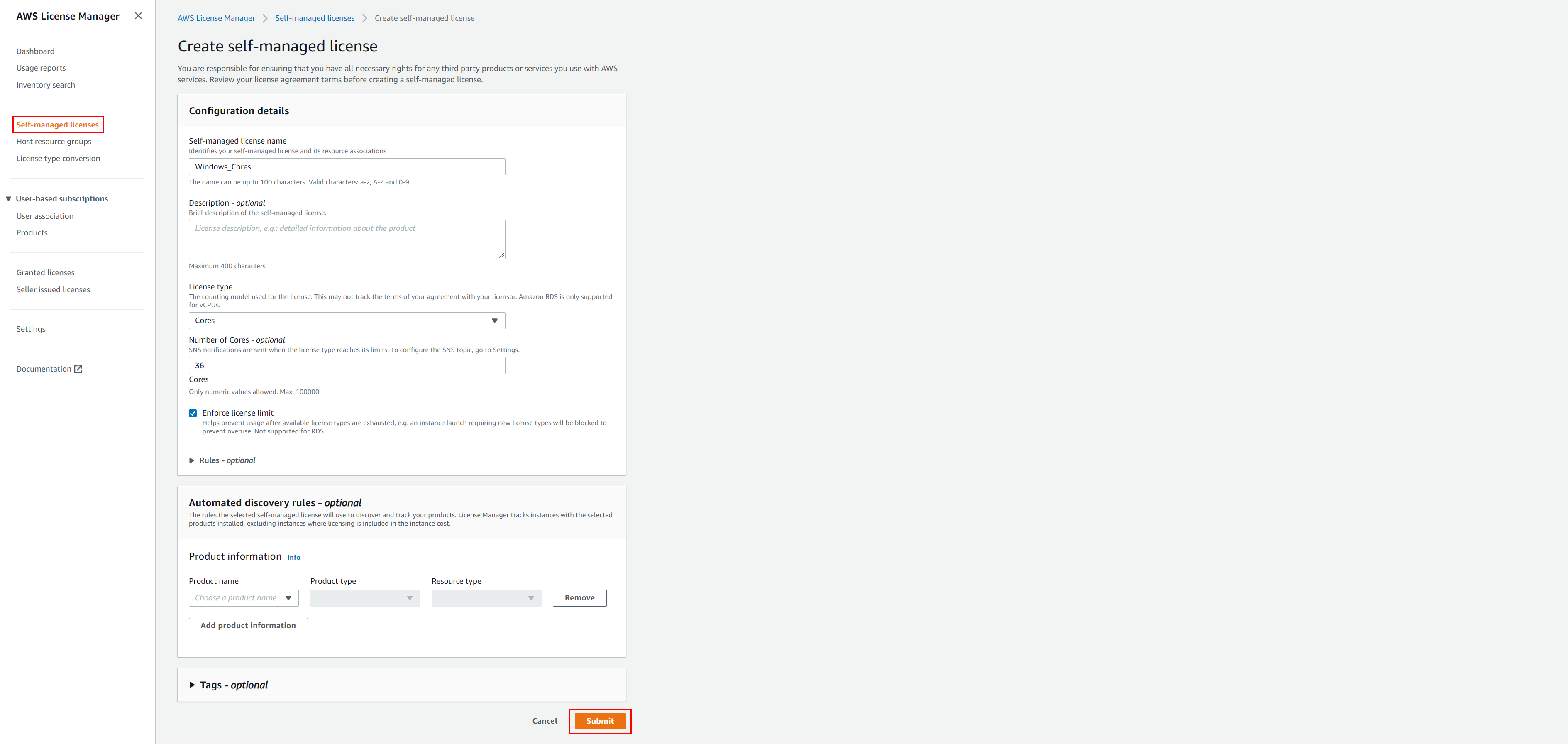 Create self-managed managed license configuration