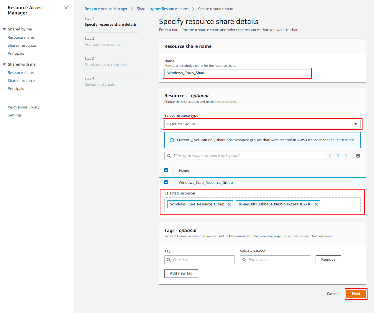 Specify resource share details