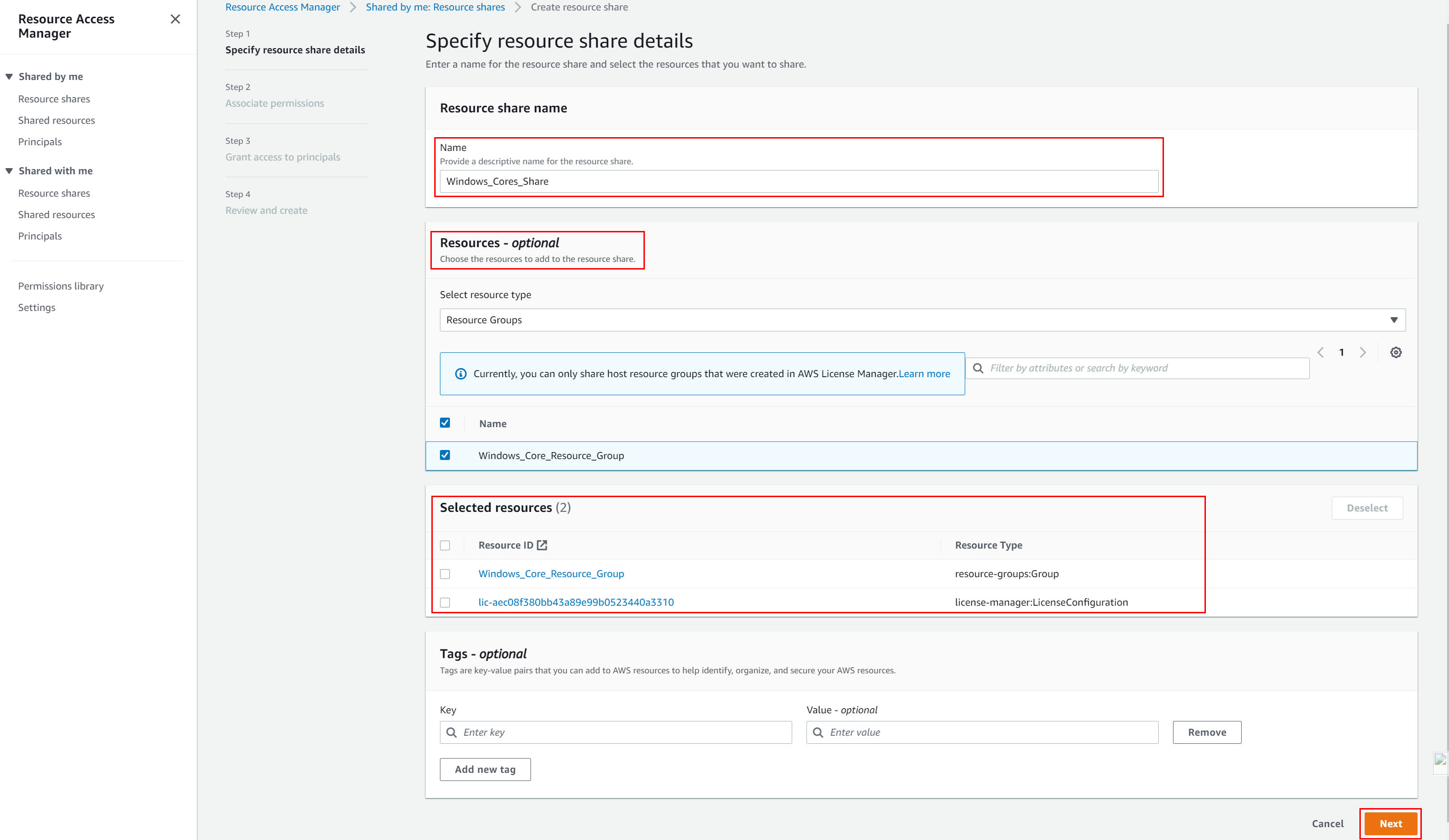 Specify resource share details in AWS RAM