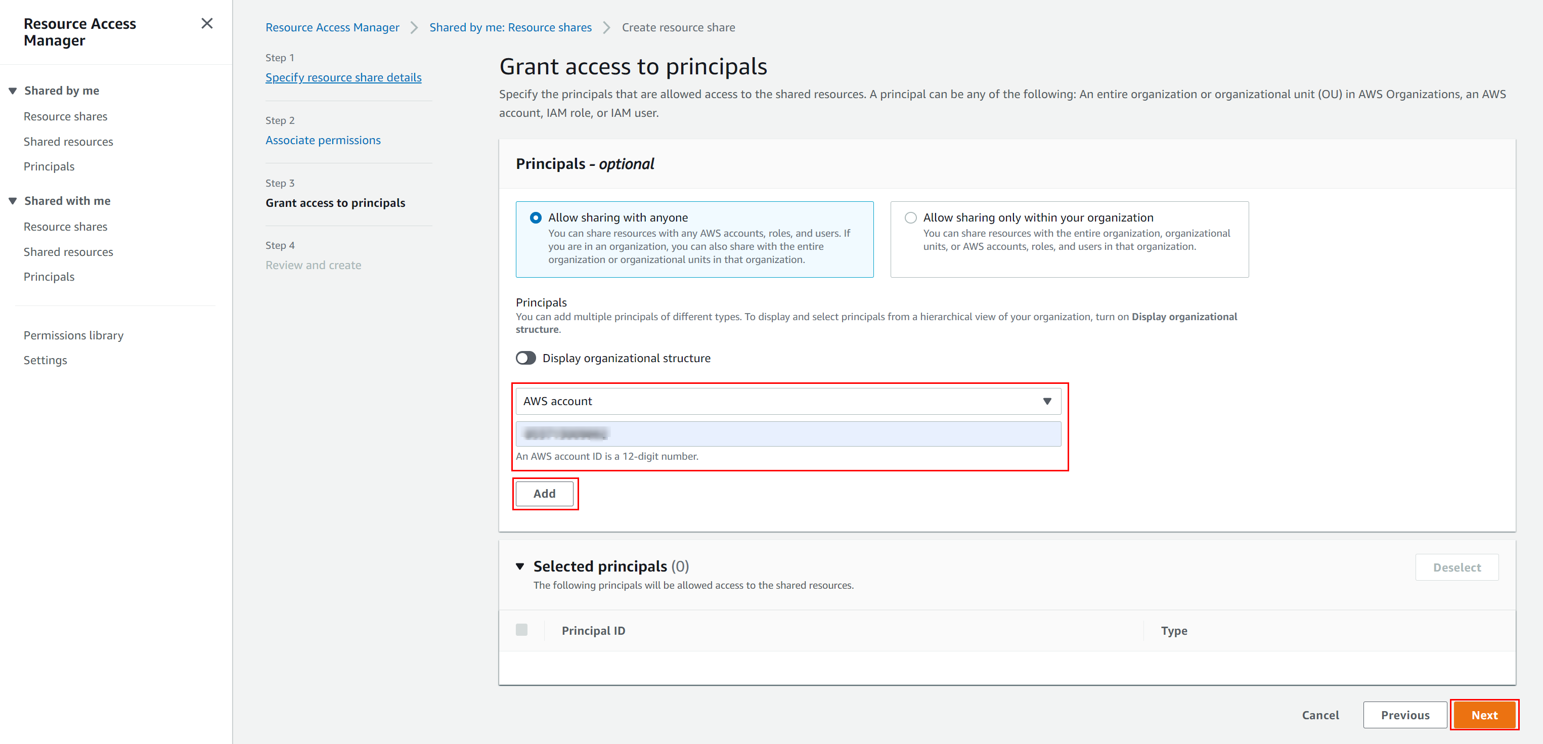 Grant access to principals in AWS RAM