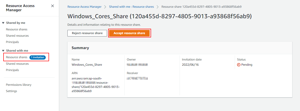 Accept resource share in AWS RAM