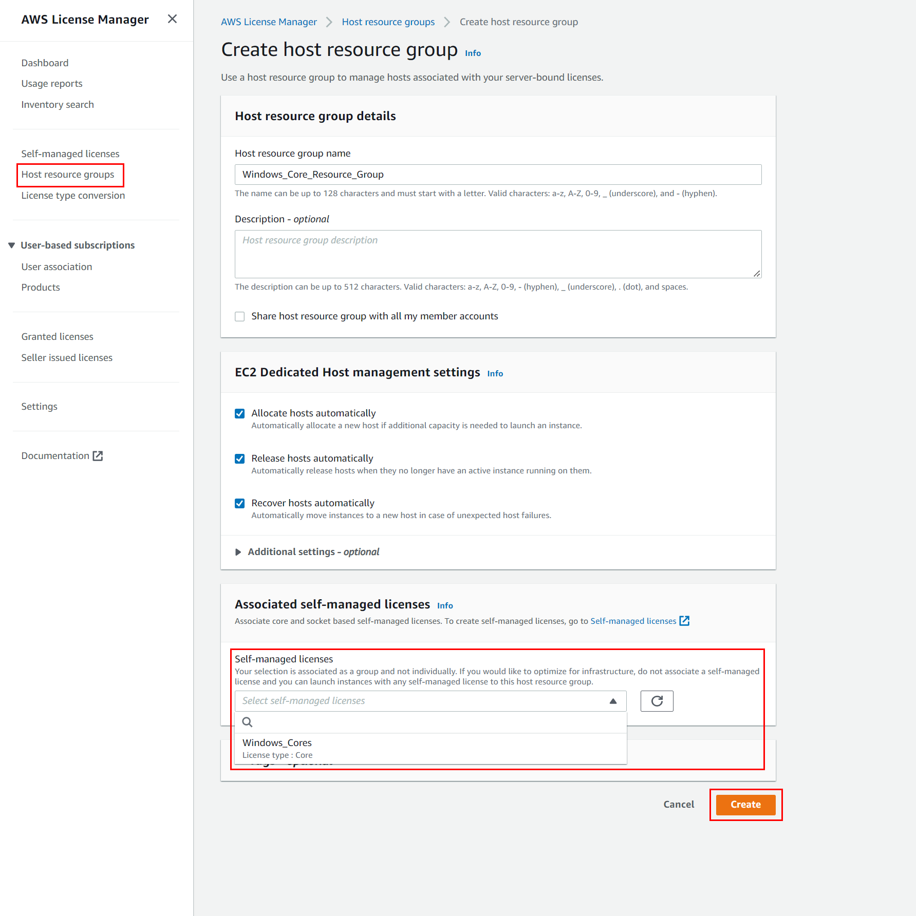 Create host Resource group on License Manager