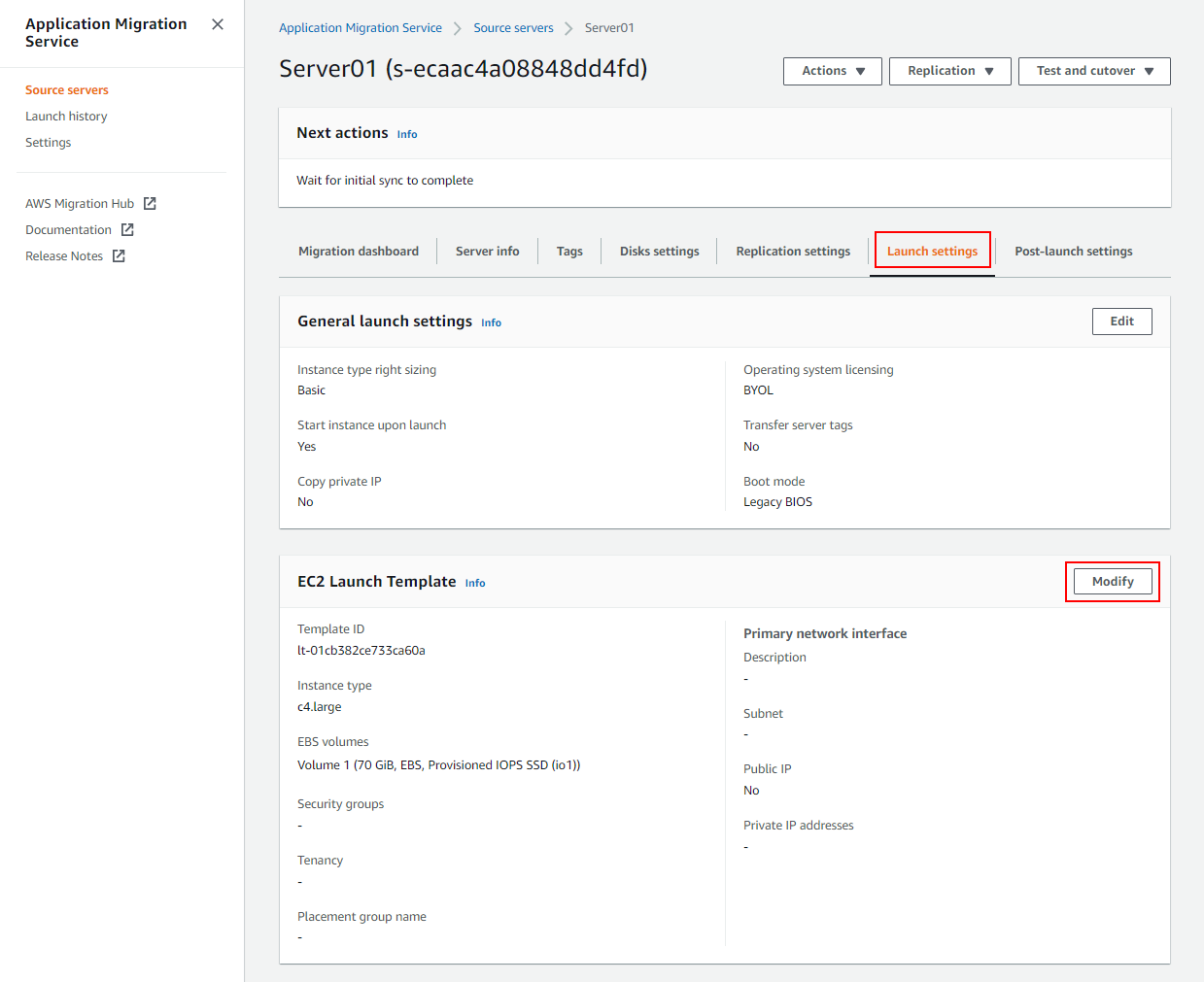 Application Migration Service Launch Settings