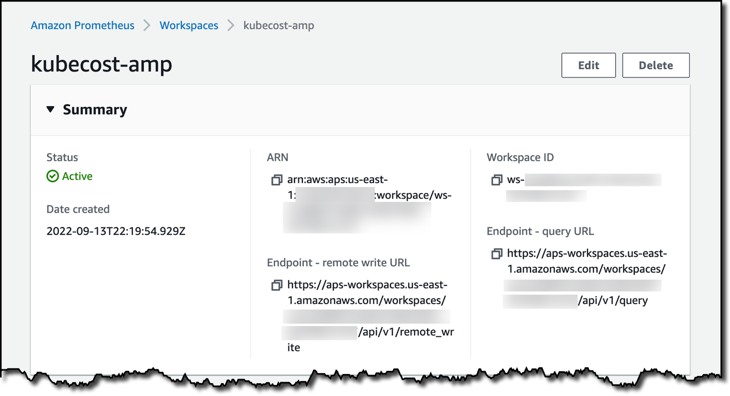 Figure 1: The Amazon Managed Service for Prometheus workspace detail, which lists the workspaces ARN, Workspace ID, Endpoint – remote write URL, and the Endpoint – query URL 