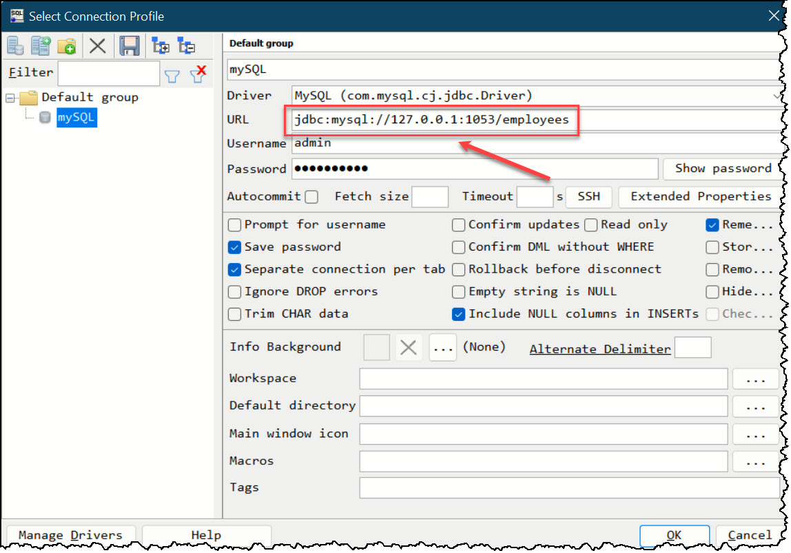 A screenshot from 'SQL Workbench' showing 'Connection Profile' window with the relevant fields filled out. These fields include Driver, URL, Username, and Password