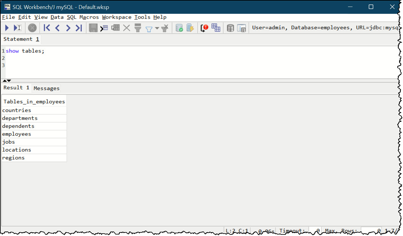 A screenshot from 'SQL Workbench/J' showing the SQL query and subsequent results in the bottom section resulting from running that query indicating the success connection