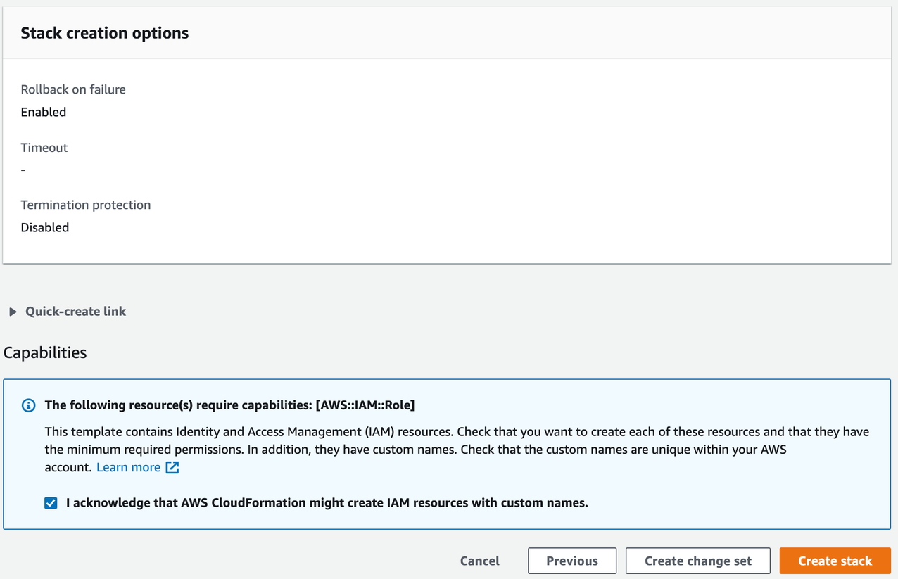 The last step in the Stack creation process asking for acknowledgement before creating IAM resources.