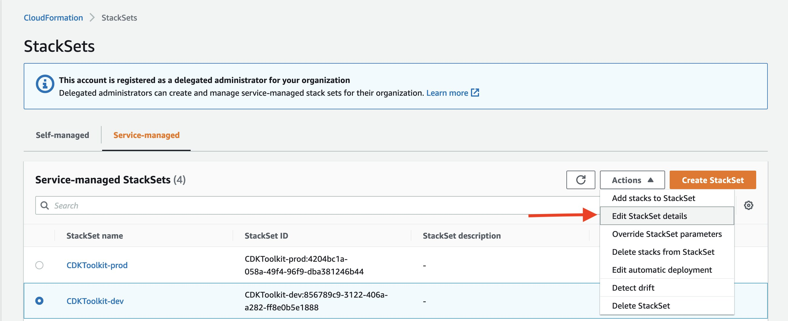 StackSet Service-managed page highlighting Actions to Edit StackSet details button