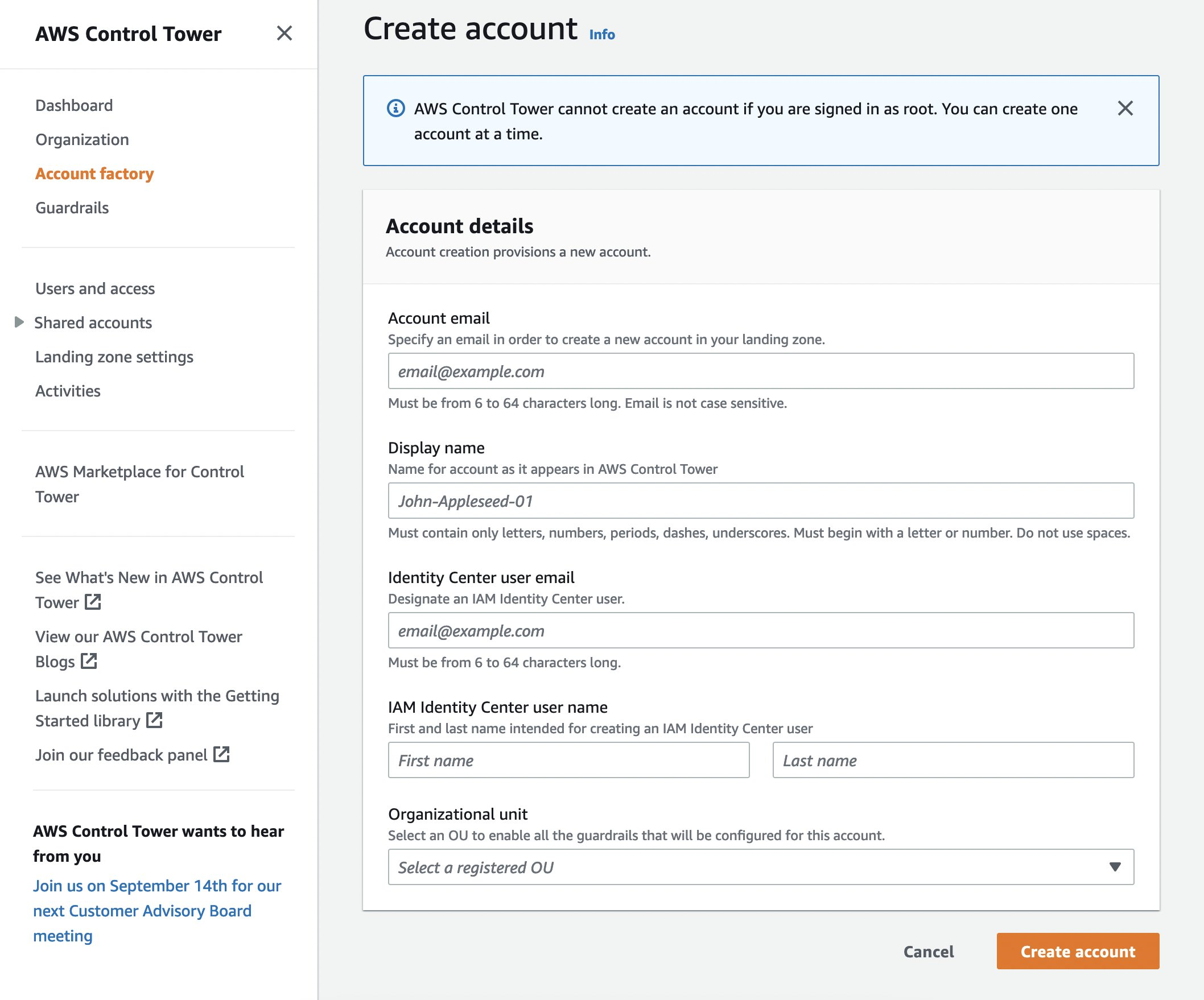 AWS Control Tower Account Factory console page