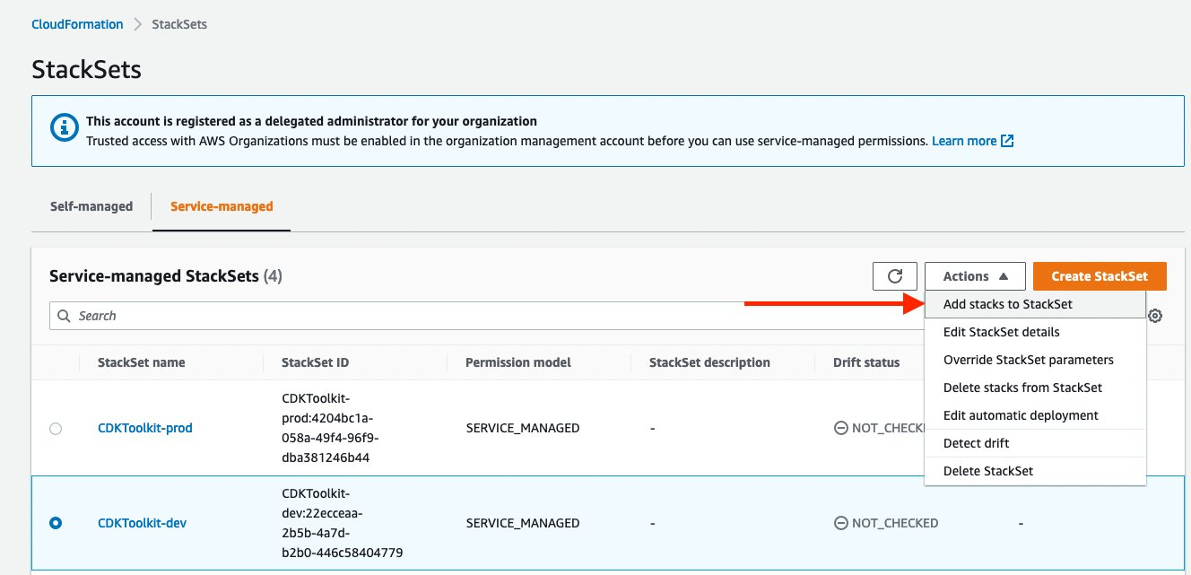 StackSet service-managed page highlighting Actions to Add stacks to StackSet button