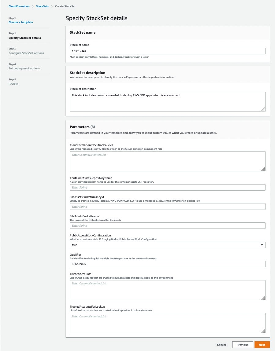 On the Create StackSet page, select Service-managed permissions and then choose Upload a template file and select the cdk-bootstrap.template.yml file that was generated in the previous step. Then select Next.