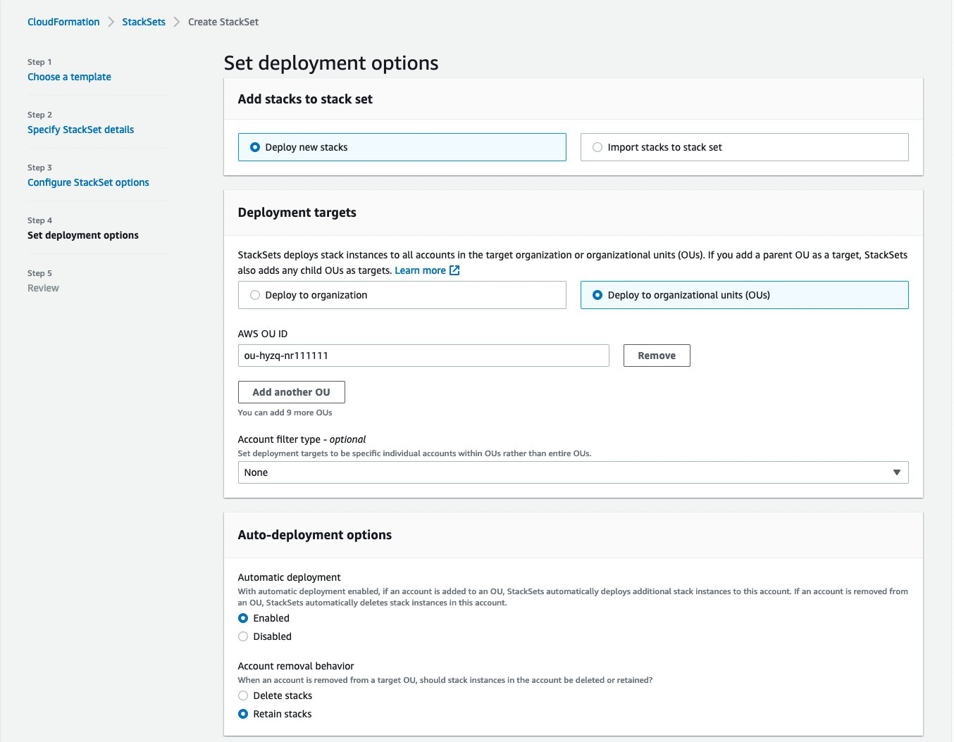 Create StackSet step4 - specify regions and deployment options