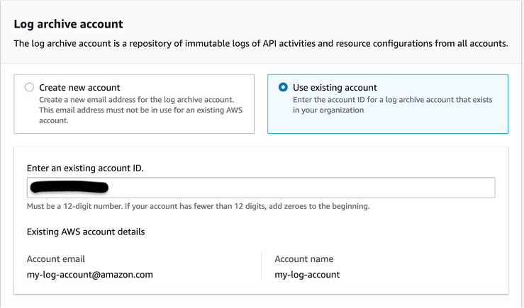 This screen capture illustrates the configuration for using an existing account where you can enter the account id for log archive account