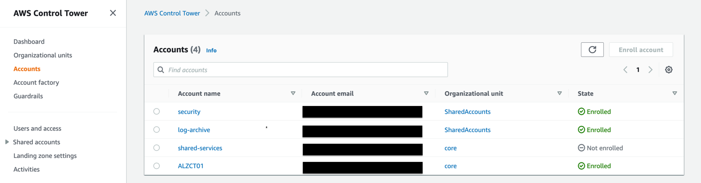 In this screenshot you see once Control Tower is deployed, the existing Log and Audit accounts are being used with Control Tower.