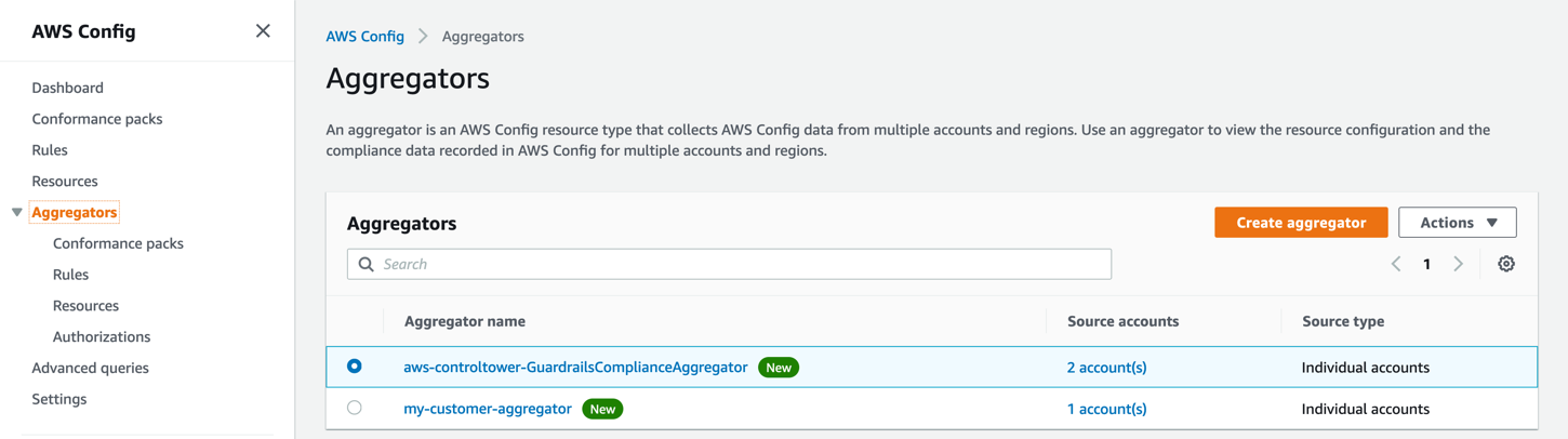 In this screenshot, you see that Control Tower creates its own AWS Config aggregator in the Audit account