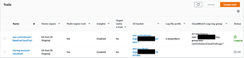 In this screenshot, you will see that Control Tower deploys its own Cloudtrail trail in the existing log account that you used during Control Tower deployment.