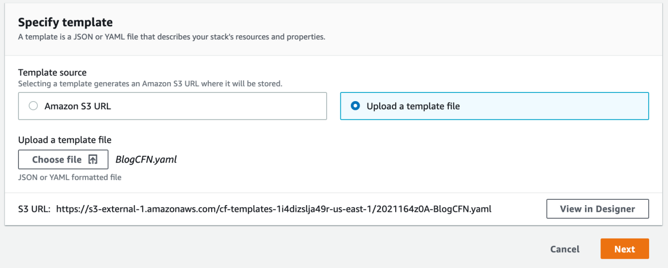 After clicking on Create Stack with new resources option in the CloudFormation console, there are options to upload template using either Amazon S3 URL or from local machine.