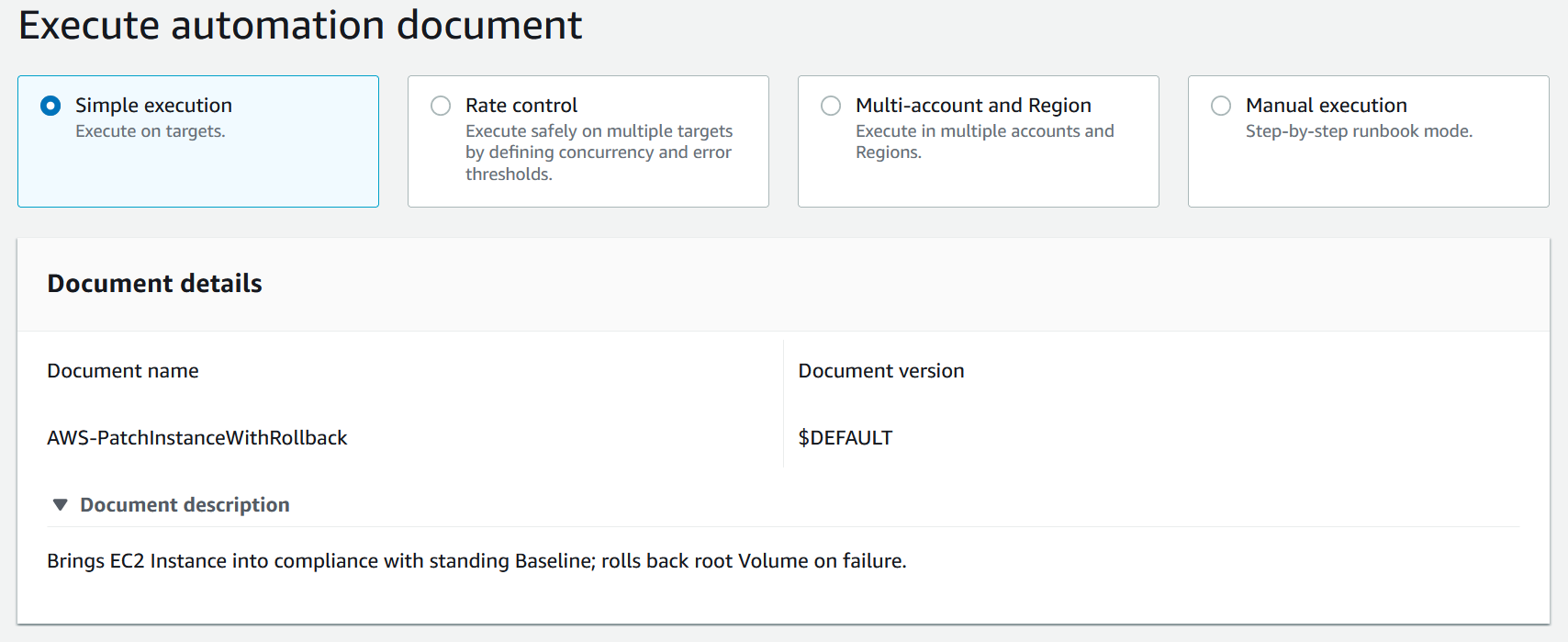 Figure 1: Select Simple Execution on Execute automation runbook