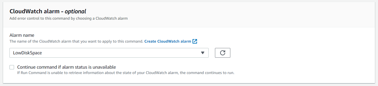 Figure 2: Select LowDiskSpace alarm from the Alarm name dropdown list