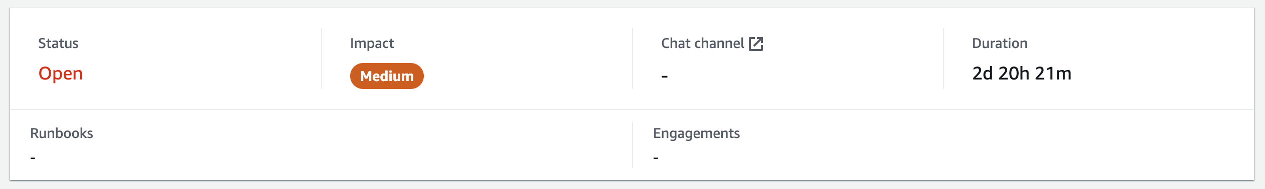 Banner with Status, Impact, Chat channel, Duration, Runbooks, and Engagements