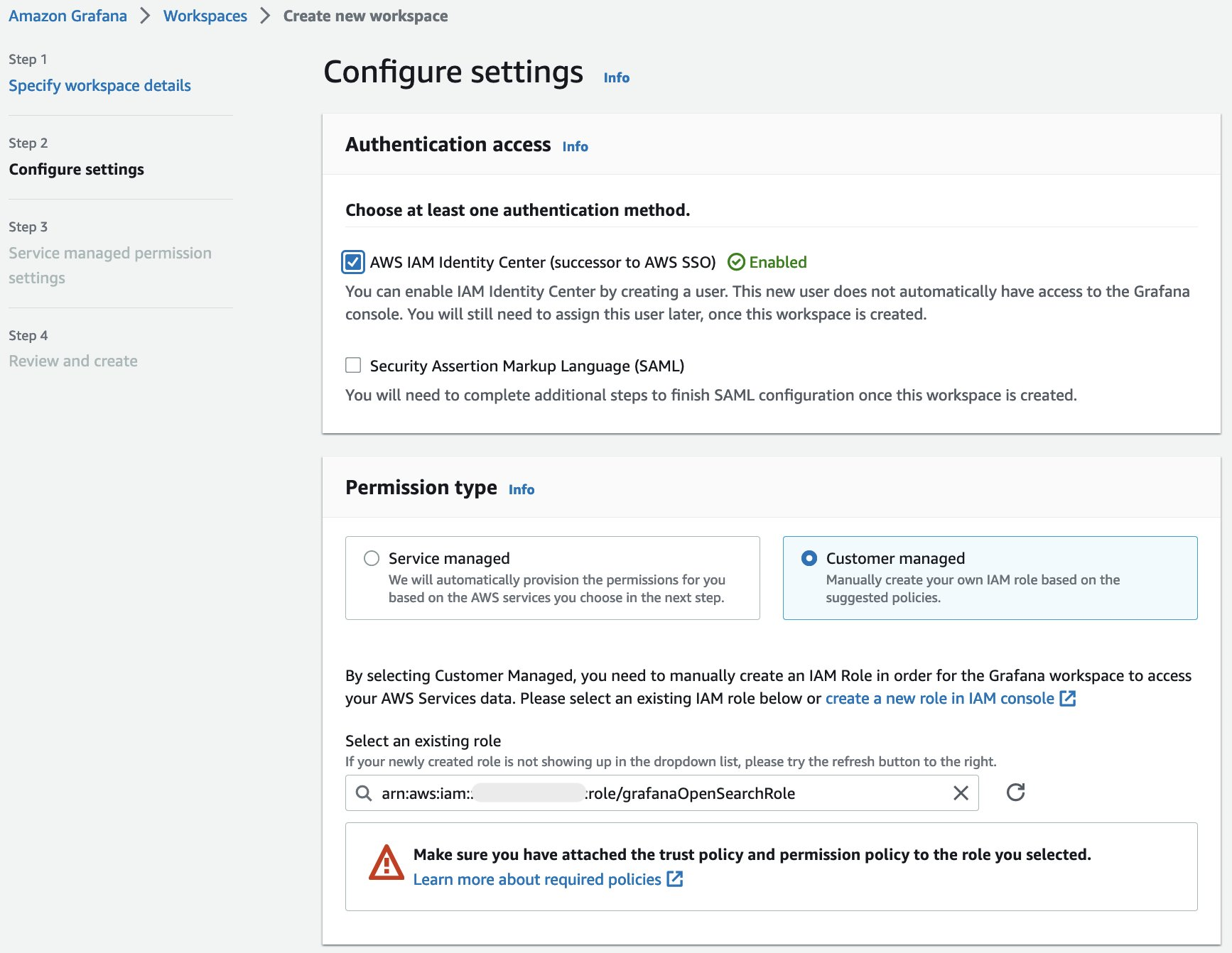 Screenshot showing creation of Amazon Managed Grafana workspace with a customer managed role
