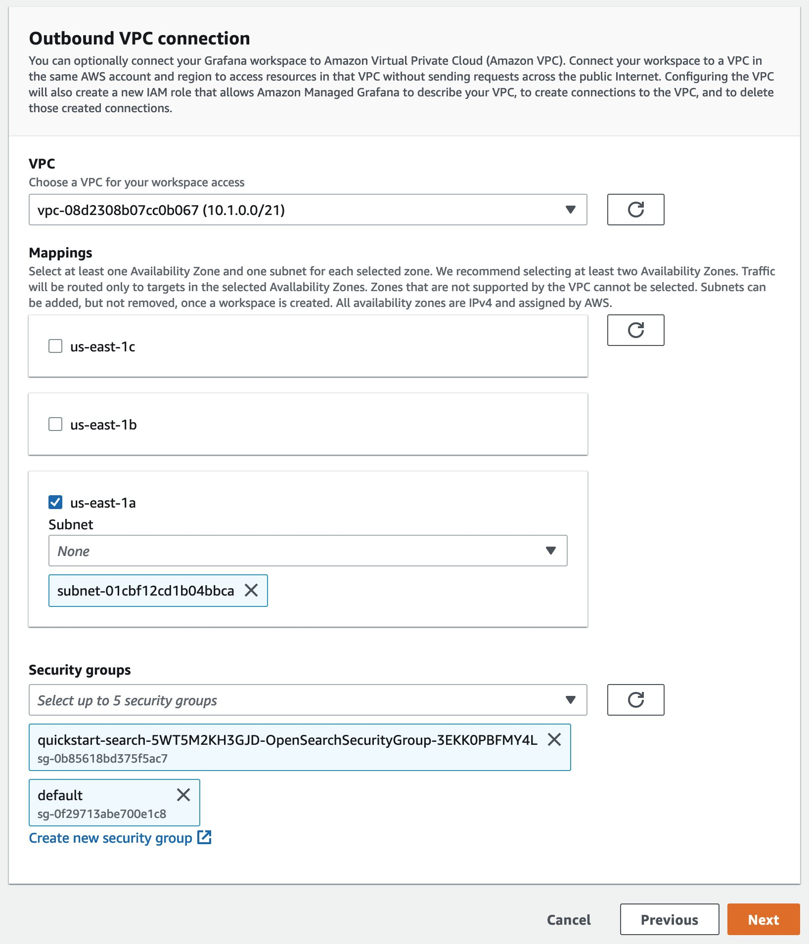 Screenshot showing a VPC data source connection settings for Amazon Managed Grafana workspace