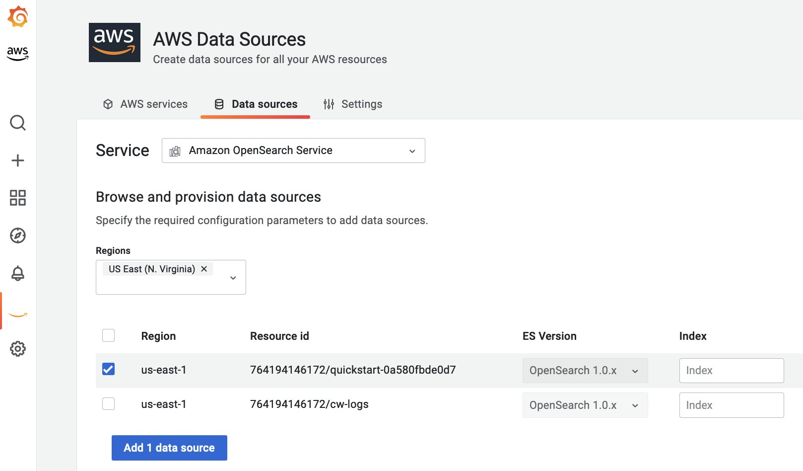 Screenshot showing connecting to OpenSearch Service data source deployed in a VPC