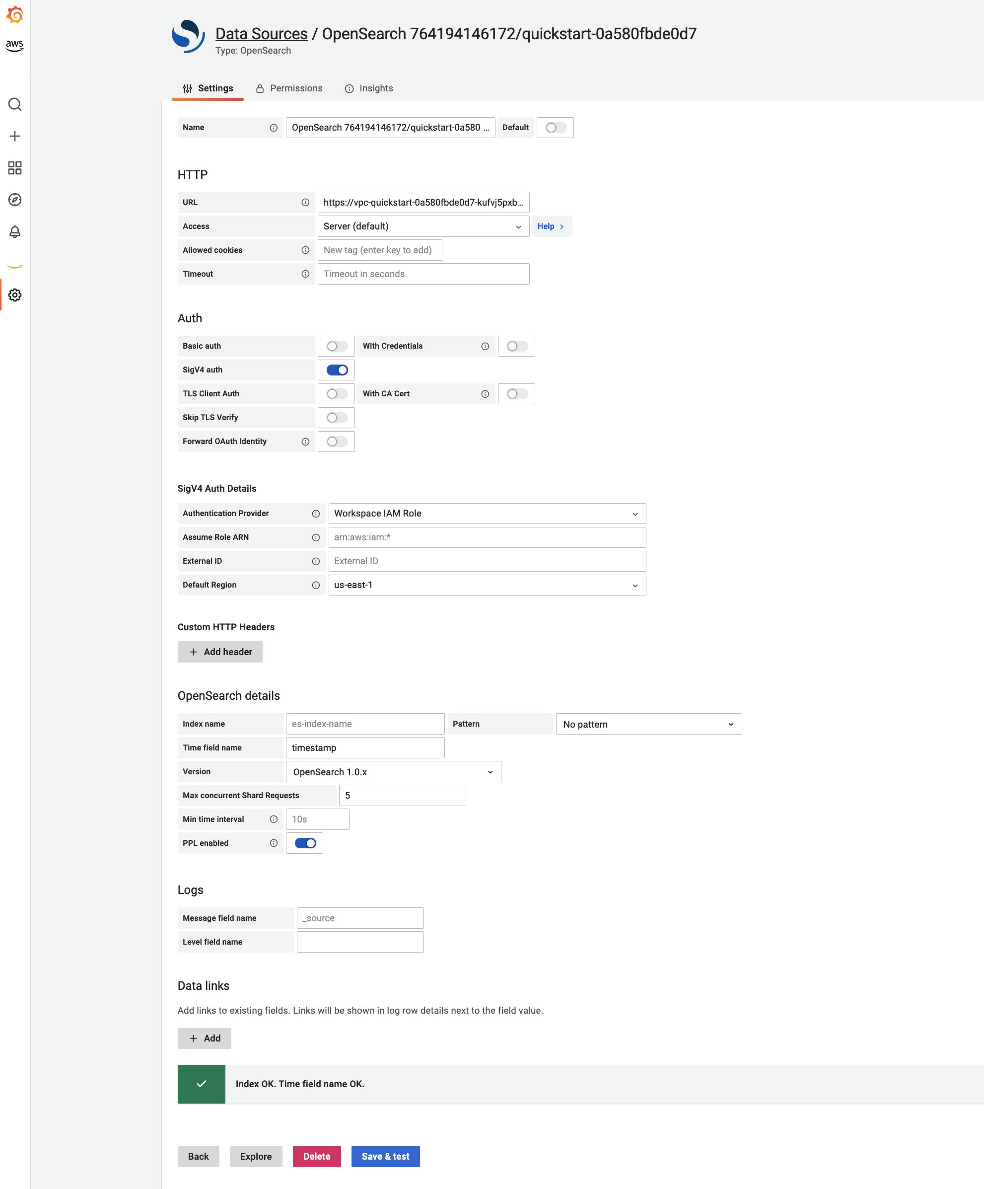 Screenshot showing successful connection to Amazon OpenSearch Service endpoint