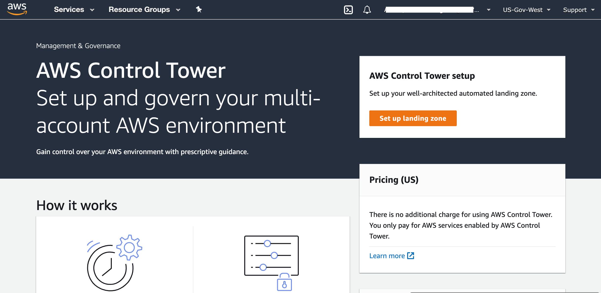 AWS Control service landing page with a clickable button in the upper right section with the text “Set up landing zone