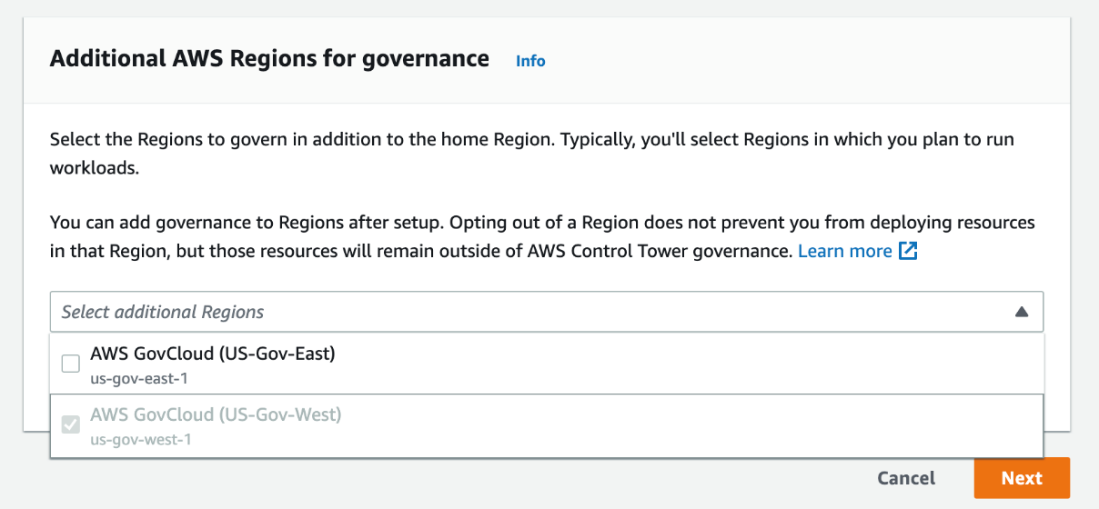 Digital form section with a dropdown list containing check-box selectable options for US-Gov-East and US-Gov-West