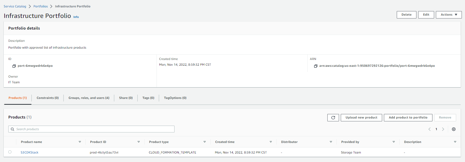 Figure 5. DevTools portfolio with an AWS Service Catalog product called ‘S3CDKStack’ 