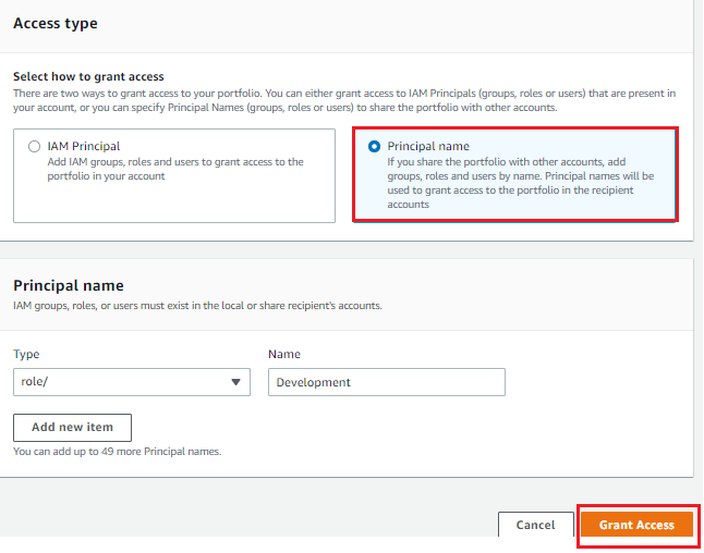 Figure 7. Specify a Principal Name of type role as ‘Development’