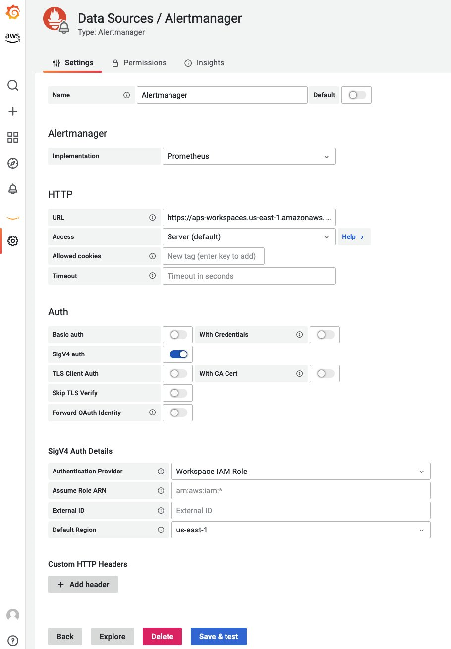 Screenshot showing alert manager data source connection settings on Grafana