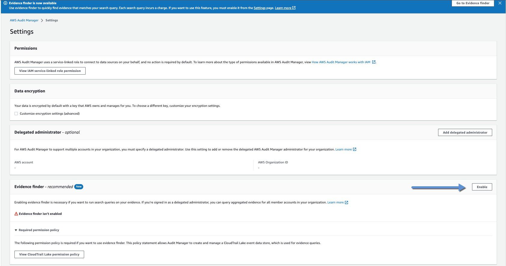 Enable evidence finder in the Audit Manager console / settings.