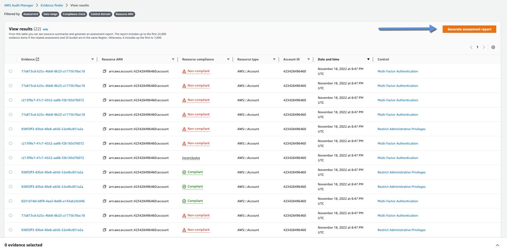 Image shows the completed search and the 'Generate assessment report' button.