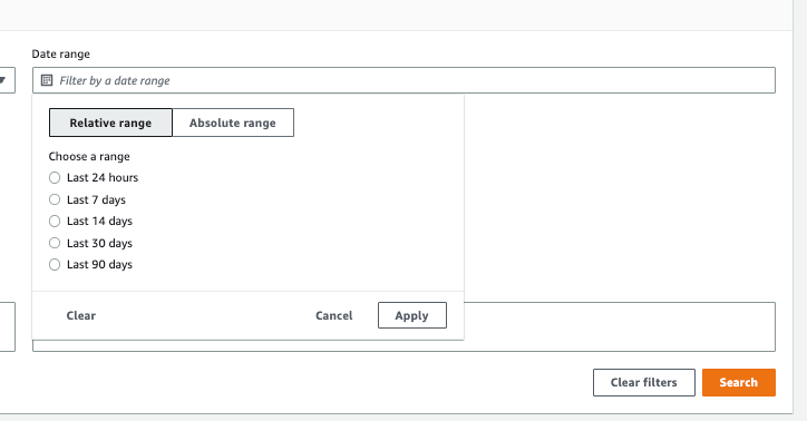 Select a predetermined date range. Values such as Last 24 hours, Last 7 days, etc.