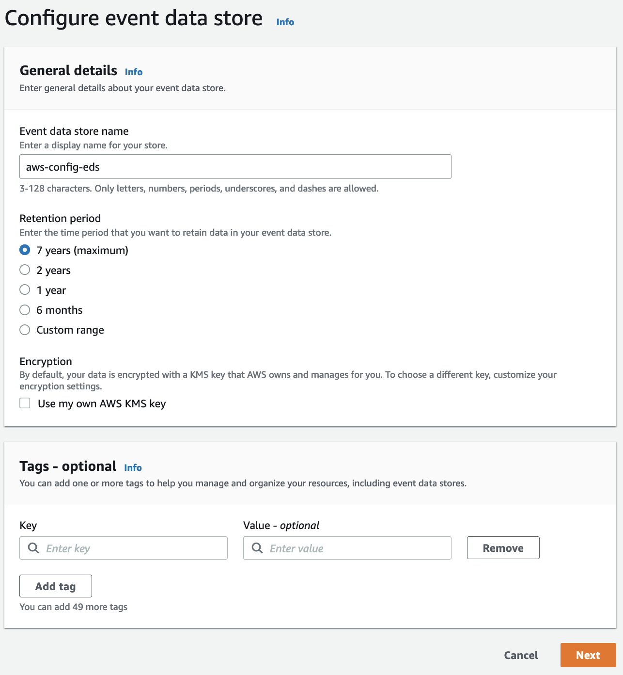 A “configure event data store” screen with options to enter the name, retention period and optional Tags.