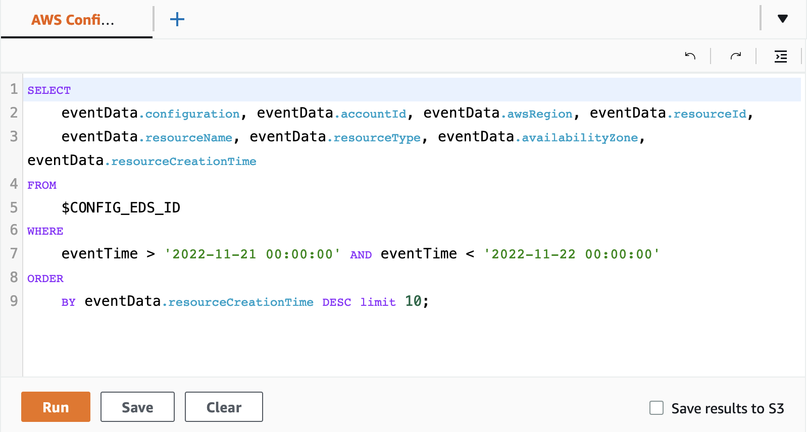 A screenshot displaying a sample results query to list 10 configuration items with their where the resource creation date is displayed.