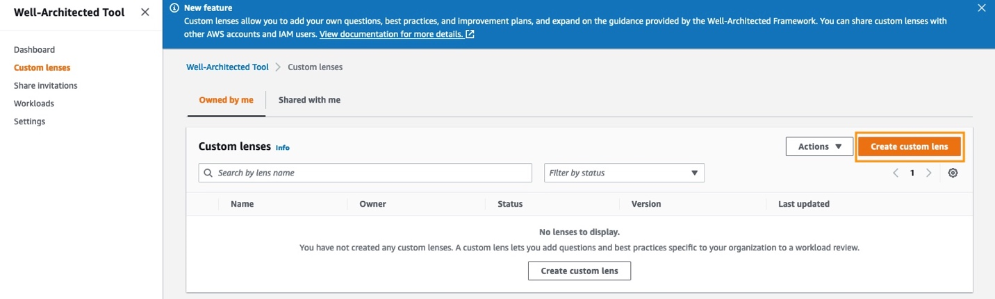 After you prepare your custom lens WA template json file, you can navigate to the AWS WA Tool on the AWS console and create custom lens.