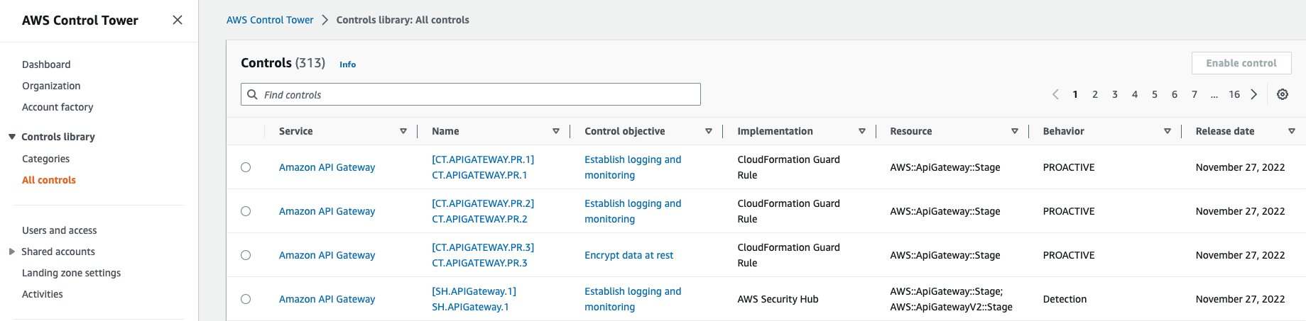 Controls view after selecting All Controls under Controls library from AWS Control Tower navigation menu