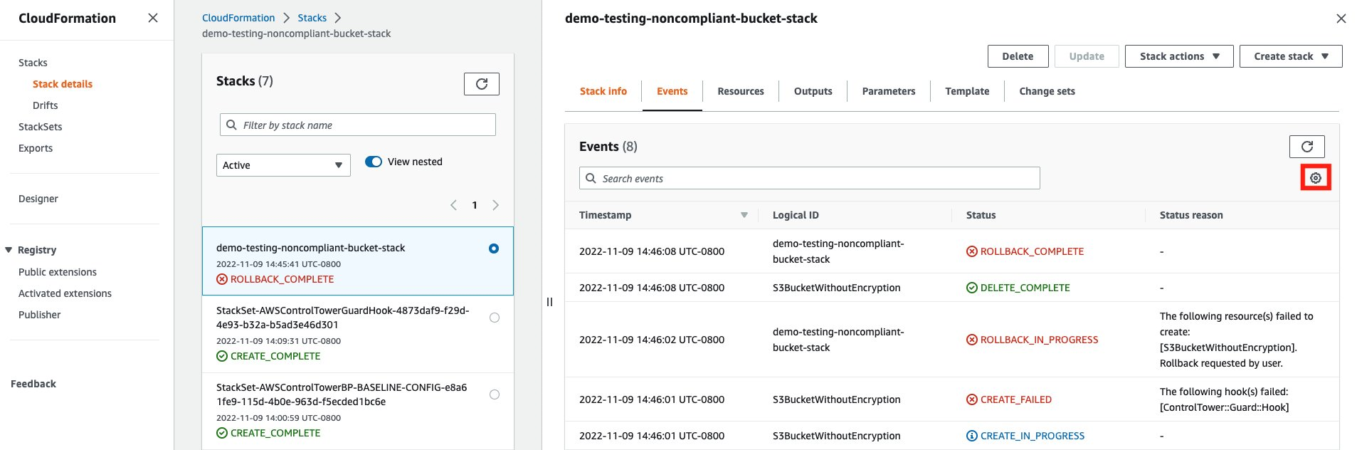 Events tab for the newly created stack demo-testing-noncompliant-bucket-stack