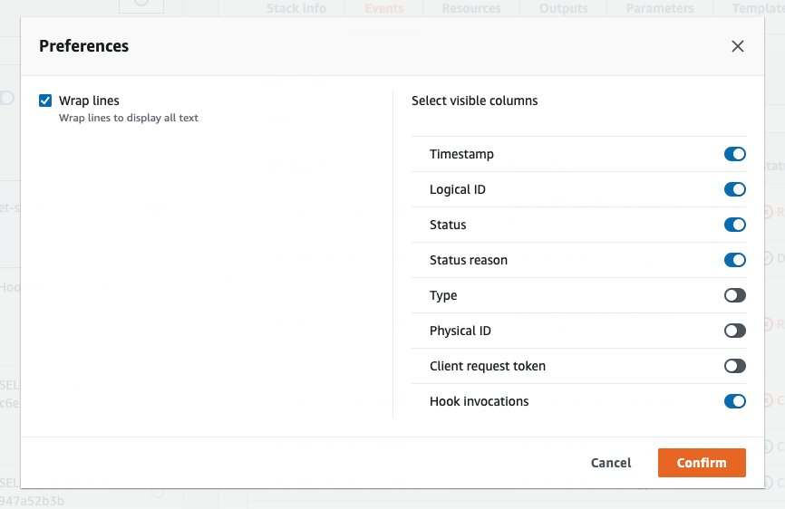 Events tab for the newly created stack demo-testing-noncompliant-bucket-stack