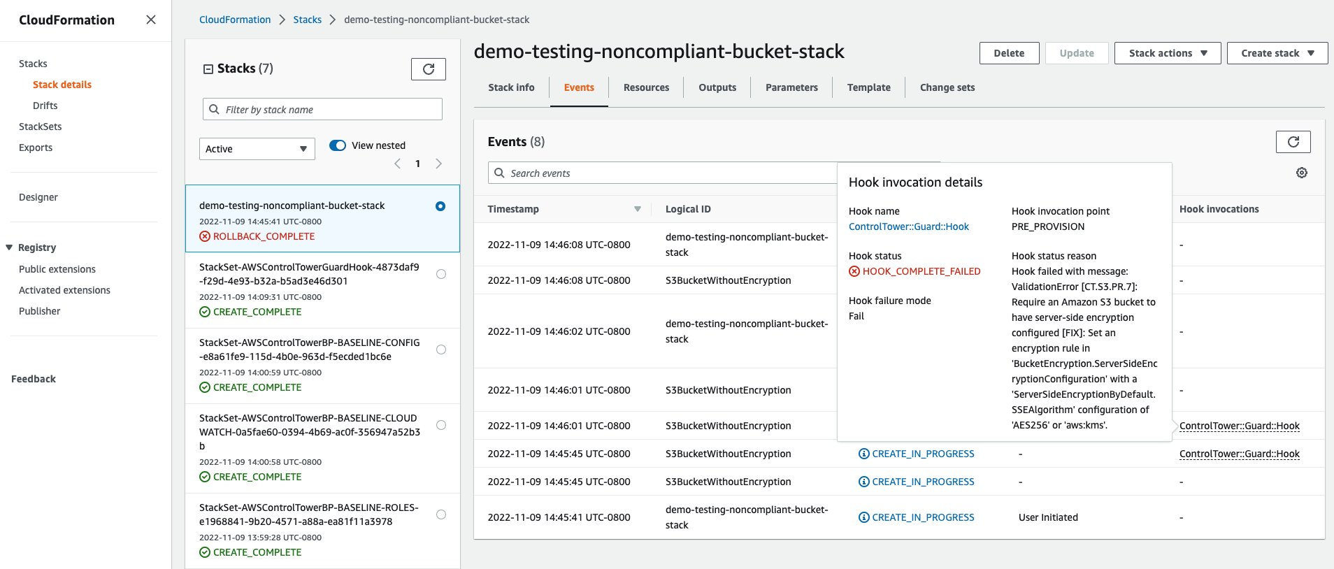 Failed hook invocation message for non-compliant S3 bucket