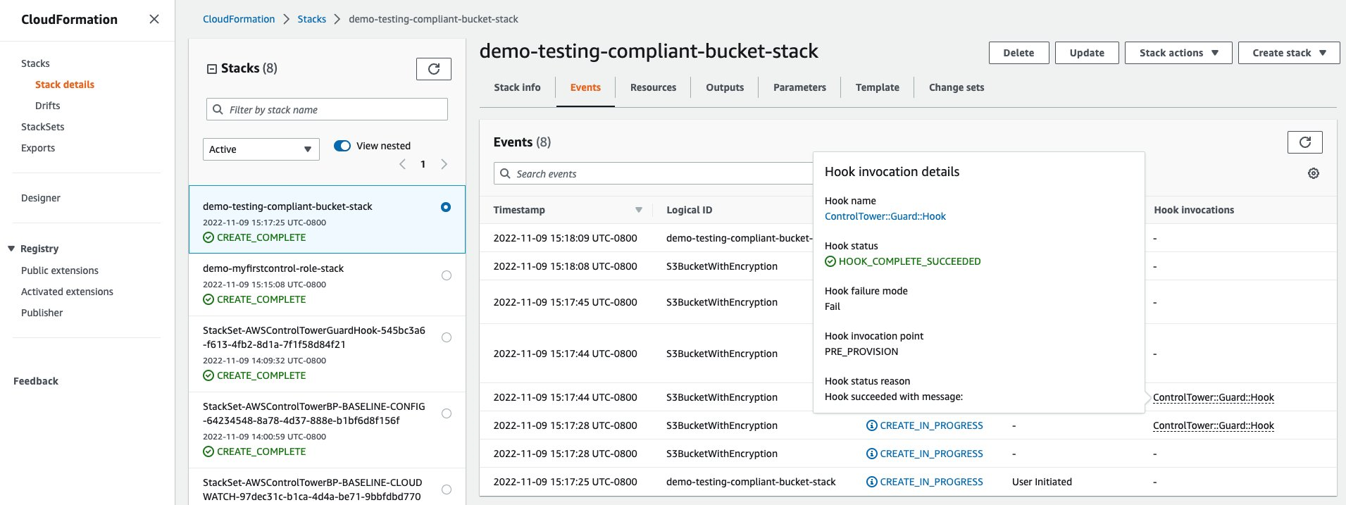 Successful hook message for compliant S3 bucket