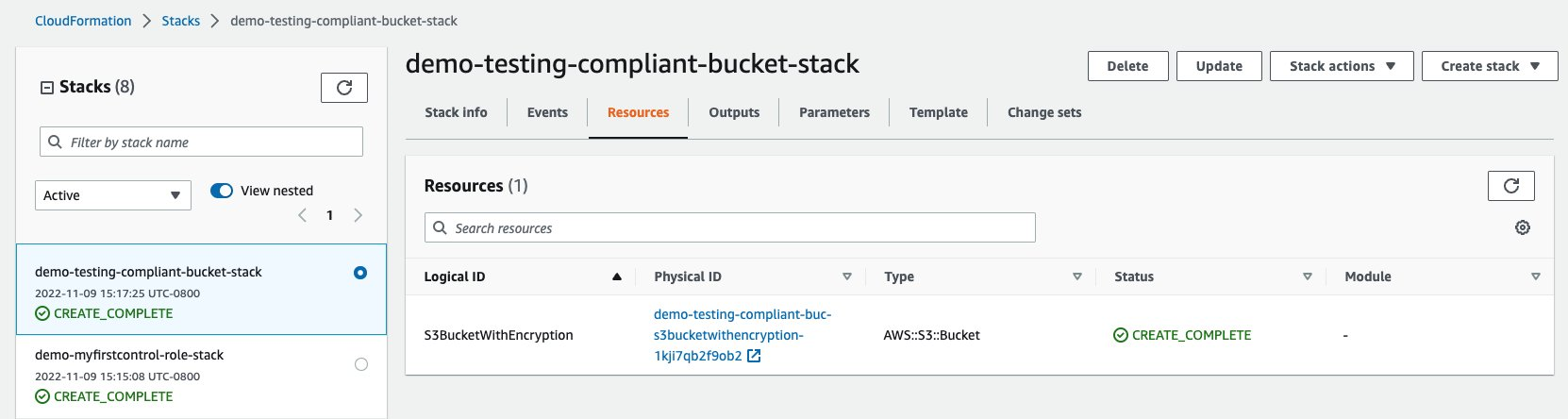 CloudFormation stack details page, resources tab for demo-testing-compliant-bucket-stack