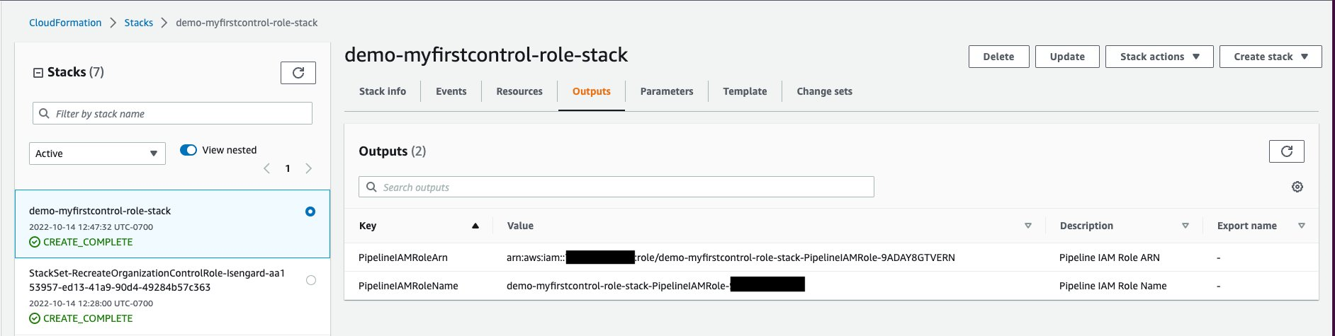 CloudFormation stack details page, output tab for demo-myfirstcontrol-role-stack