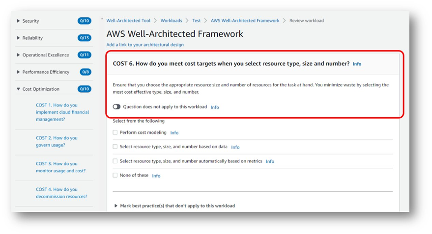 A screenshot of the AWS Well-Architected Tool. Question Cost.6 shows the question title and description for reviewer to lead the discussion with workload sponsor and pillar sponsors.