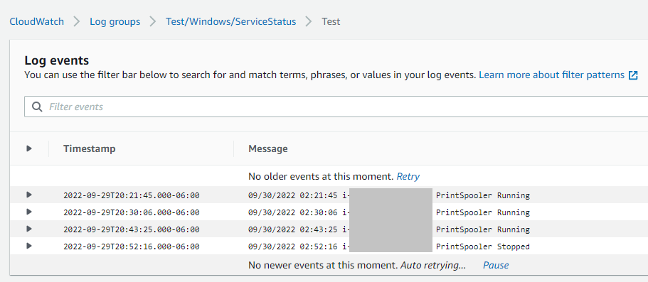 CloudWatch Console showing service status events which have been ingested into the Test/Windows/ServiceStatus log group.