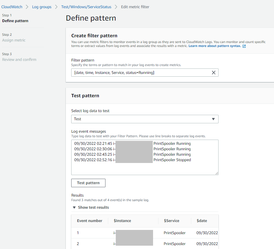 CloudWatch Console showing the results of testing the pattern for a Metric Filter on data from the log group.